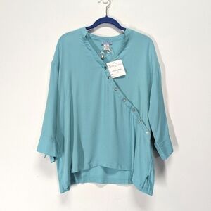 Anna Ocean Turquoise Summer Blouse M Langenlook Tunic Loose Fit V Neck nwt